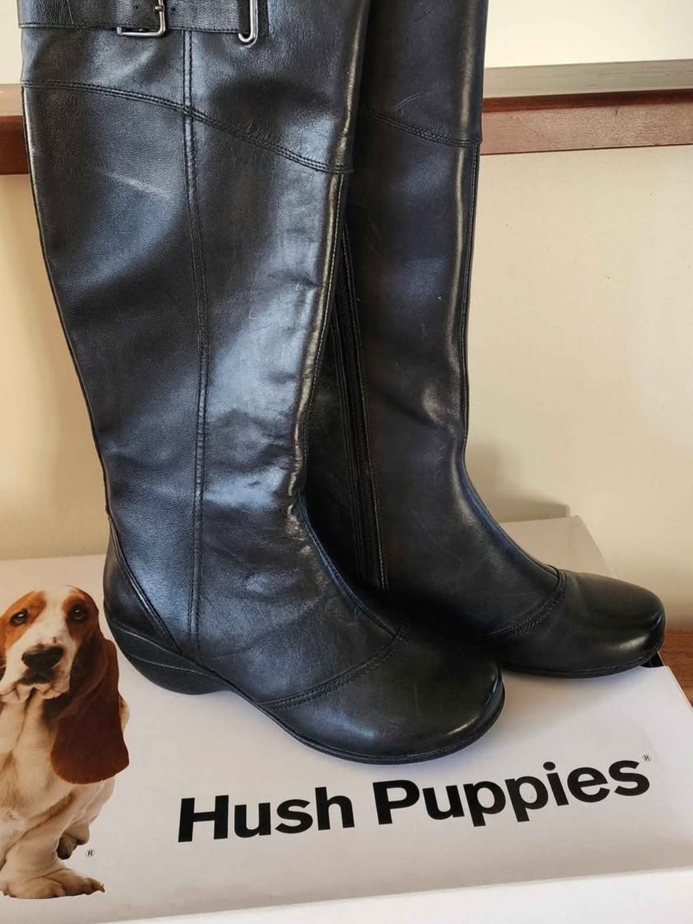 Hush Puppies Kana Black Leather Waterproof Knee-High Boots With Thermal Lining